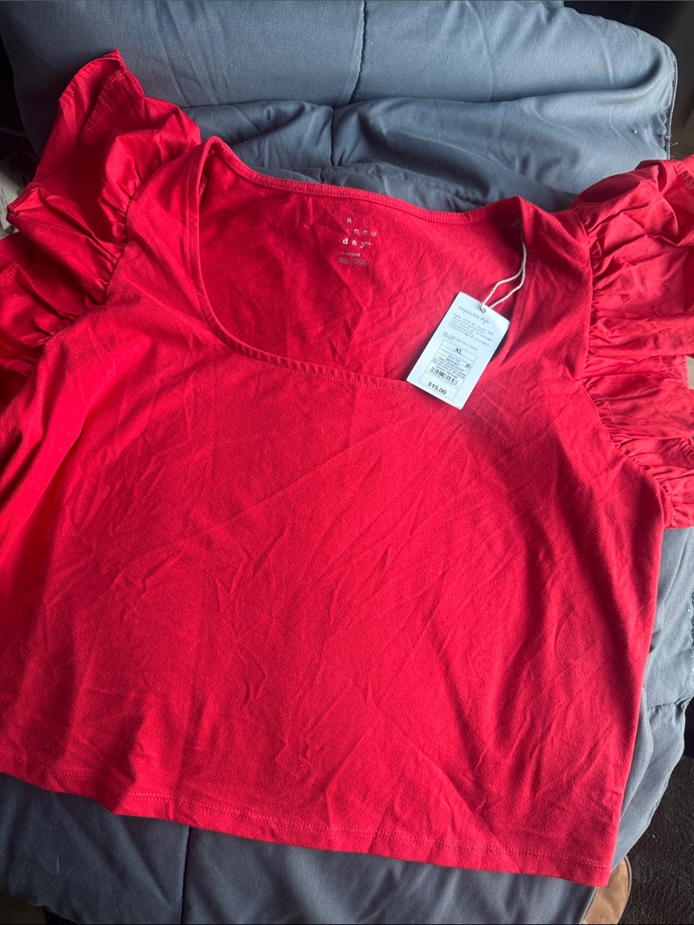 a new day Red Ruffle Sleeve Scoop Neck Crop Top